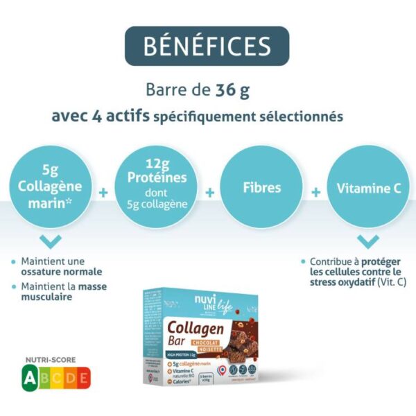 NUVILINE Barre Collagène Marin – Chocolat & Noisette – 5 barres