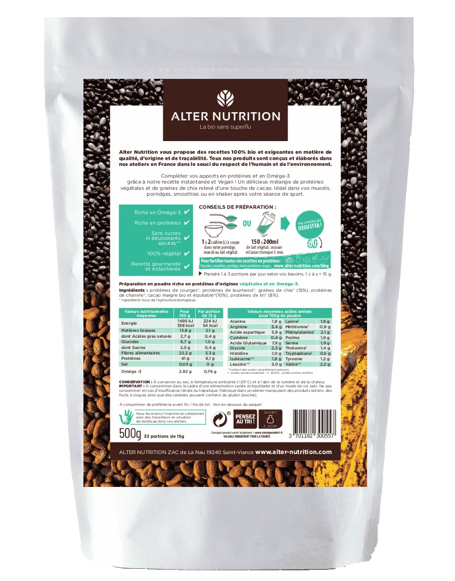 ALTER NUTRITION Protéines Mix Vegan Bio Cacao’méga 3 – 200g