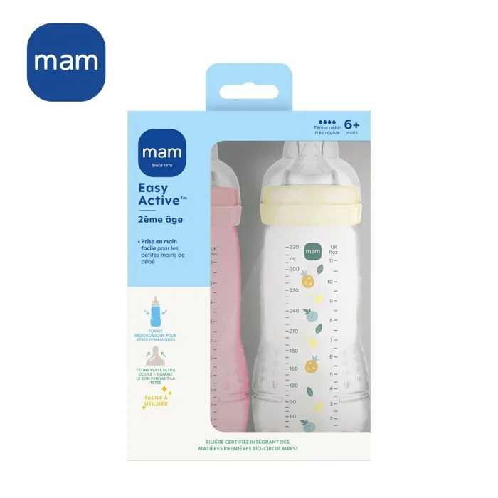 MAM Biberon Easy Start +6 Mois 330 ml LOT DE 2 Berry + Pearl