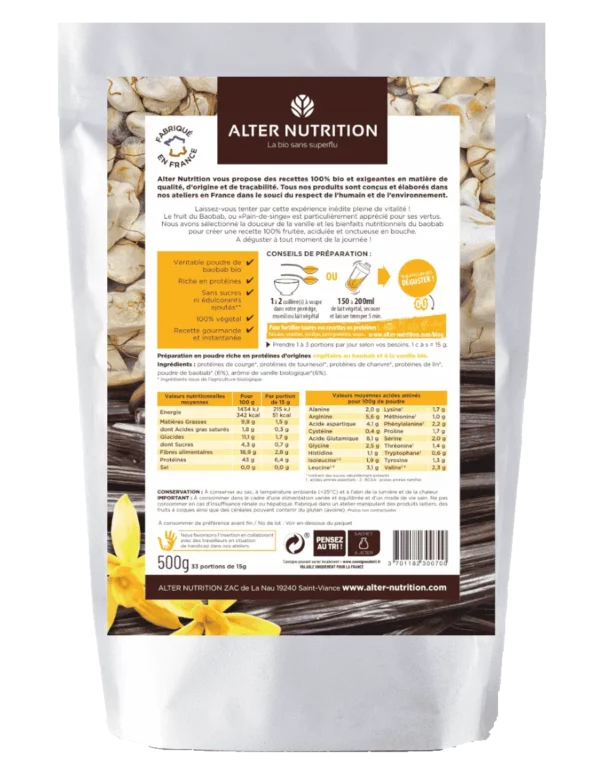 ALTER NUTRITION Protéines Mix Vegan Bio Vitalité+ Vanille Baobab 200g
