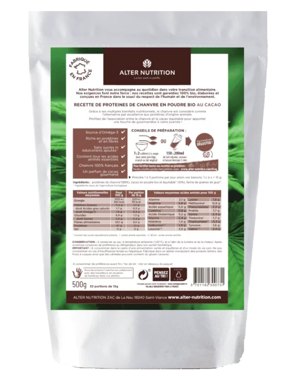 ALTER NUTRITION Protéines de Chanvre Bio Cacao 200g